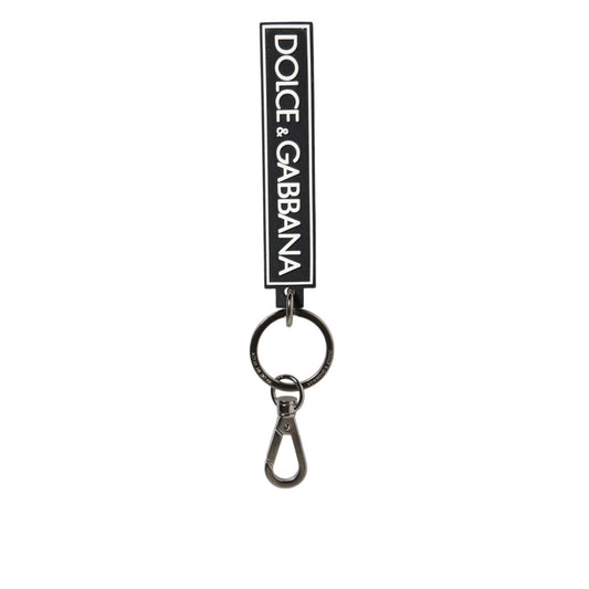 Dolce & Gabbana Black White DG Rubber Logo Silver Men's Holder Keyring with silver brass ring and logo engraving.