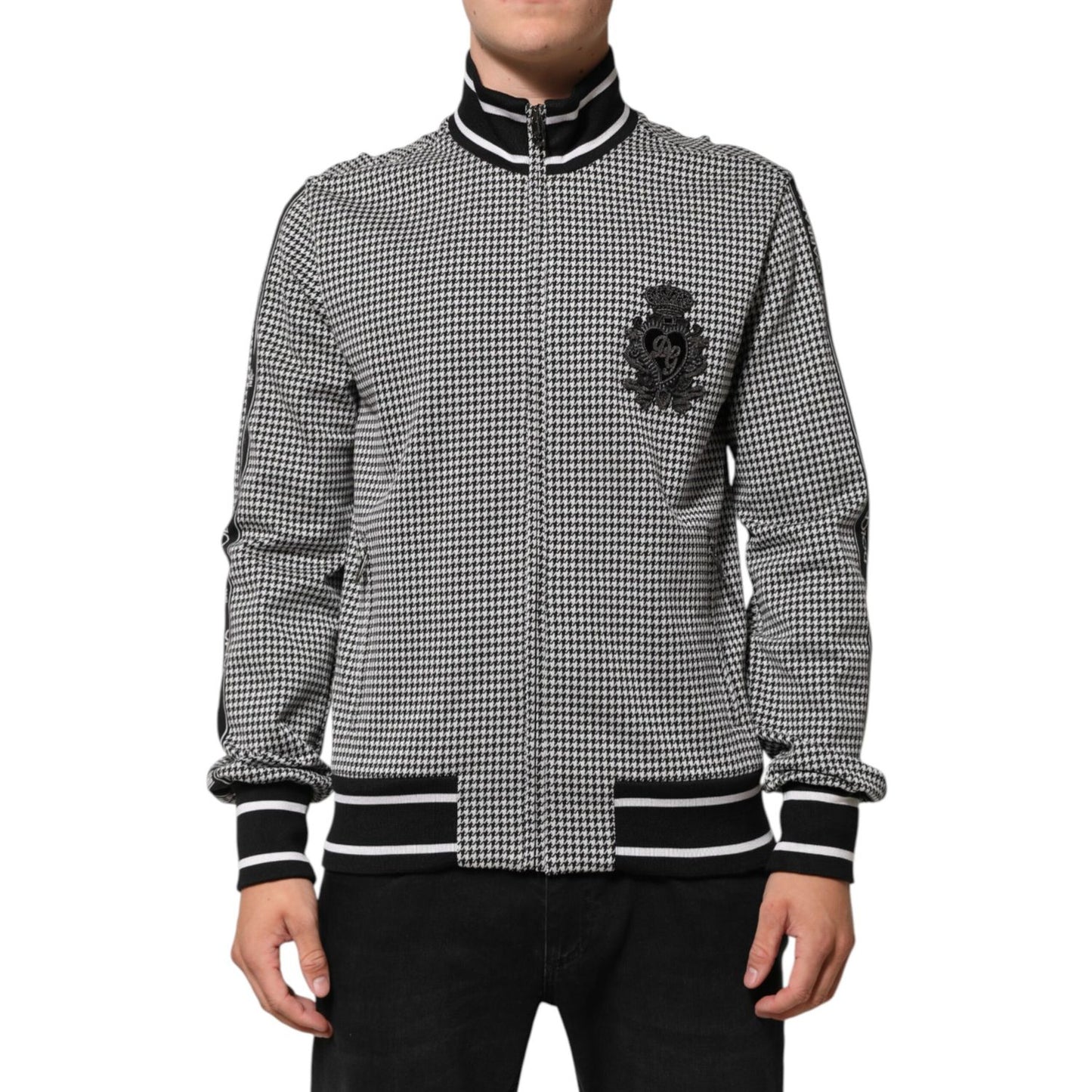 Dolce & Gabbana Black White Houndstooth Wool Crest Jacket Sweater with notched lapels and slim fit style.