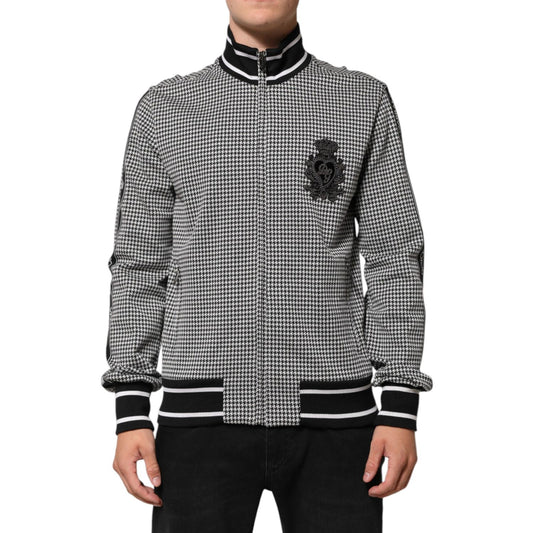 Dolce & Gabbana Black White Houndstooth Wool Crest Jacket Sweater with notched lapels and slim fit style.