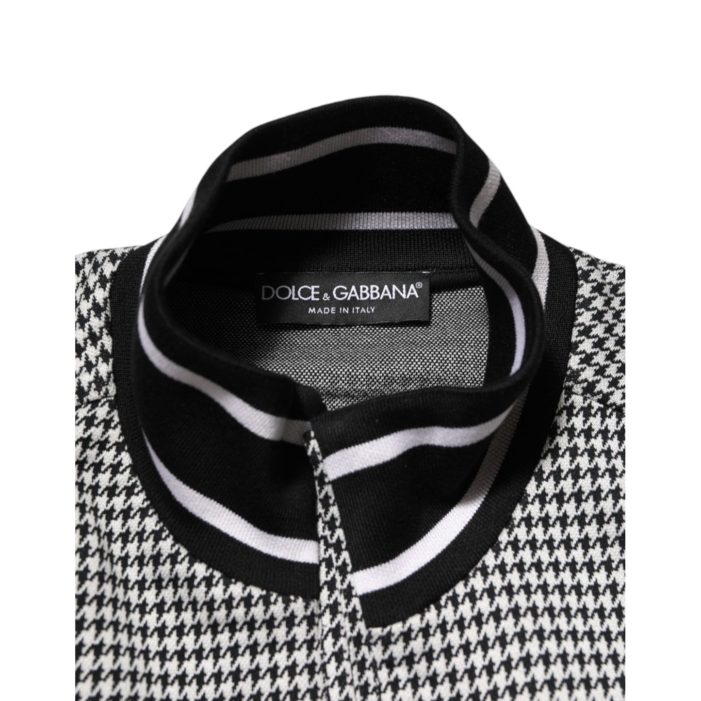 Dolce & Gabbana Black White Houndstooth Wool Crest Jacket Sweater, showing collar and pattern detail