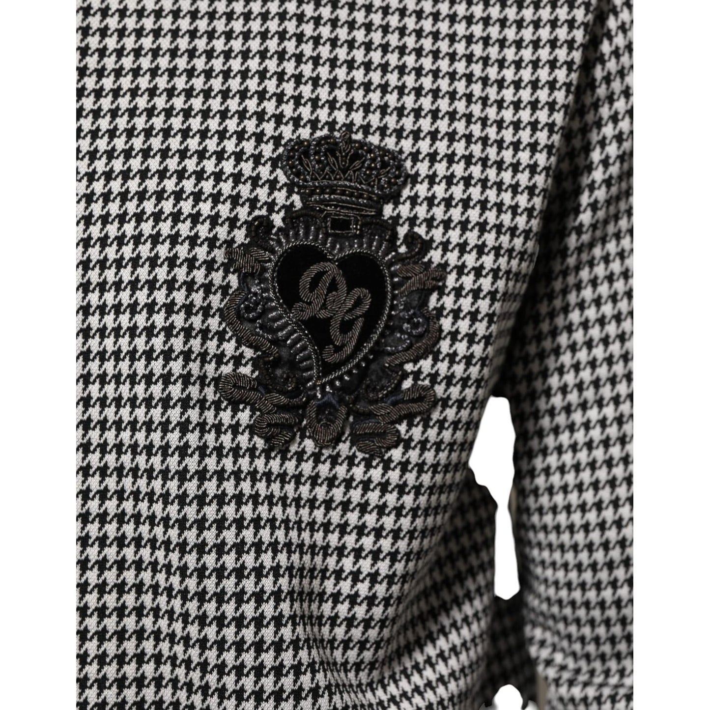 Dolce & Gabbana Black White Houndstooth Wool Crest Jacket Sweater featuring a detailed DG crest emblem.