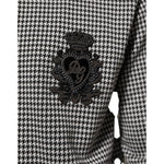 Dolce & Gabbana Black White Houndstooth Wool Crest Jacket Sweater featuring a detailed DG crest emblem.