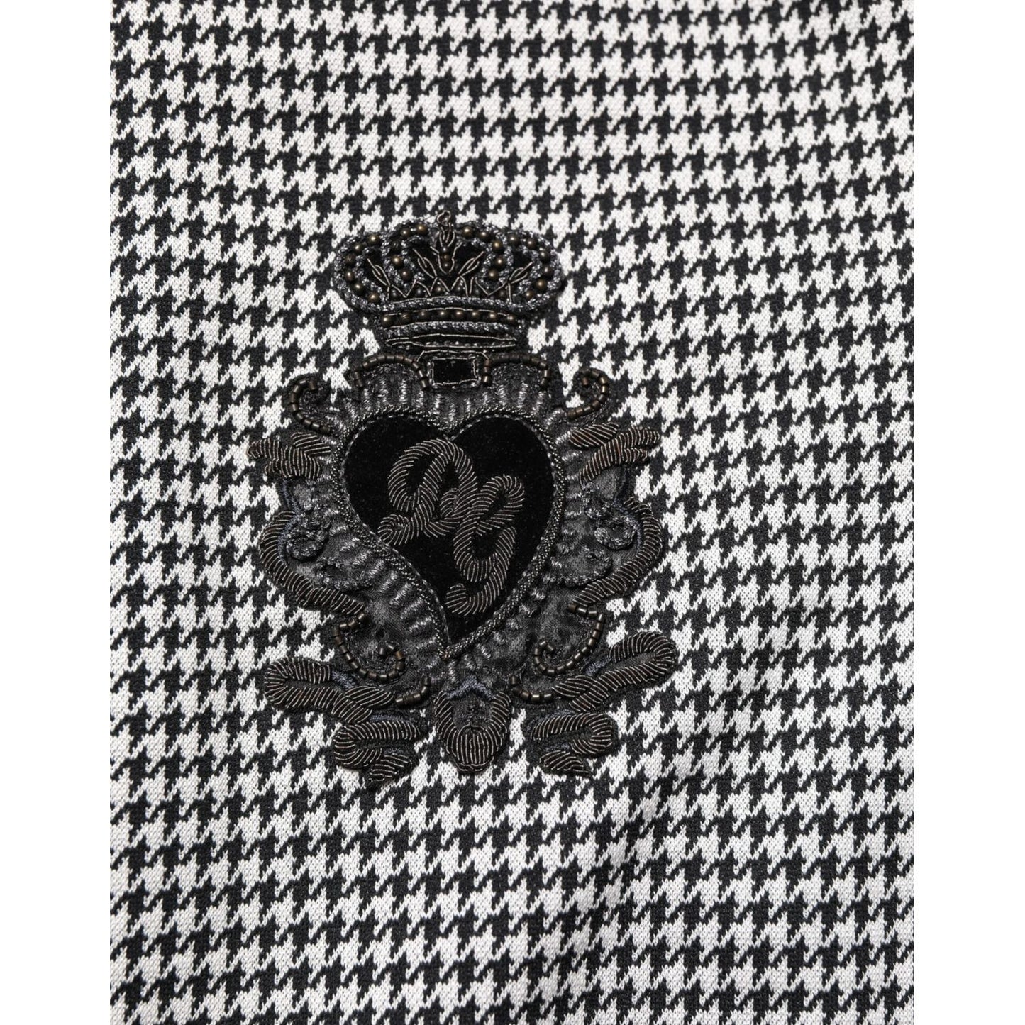 Dolce & Gabbana Black White Houndstooth Wool Crest Jacket Sweater featuring intricate crest emblem on luxury jacquard fabric.