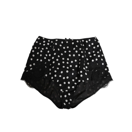 Dolce & Gabbana Black White Polka Dot Silk Slip Panty Underwear with lace inserts and mesh accents, high-waist design.