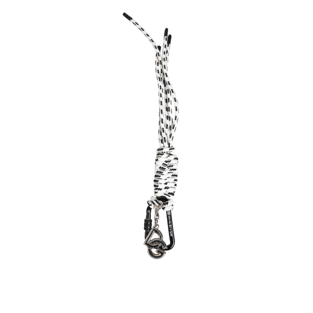 Dolce & Gabbana Black White Polyester Tape String DG Logo Keychain Keyring with metal hardware and engraved logo details.
