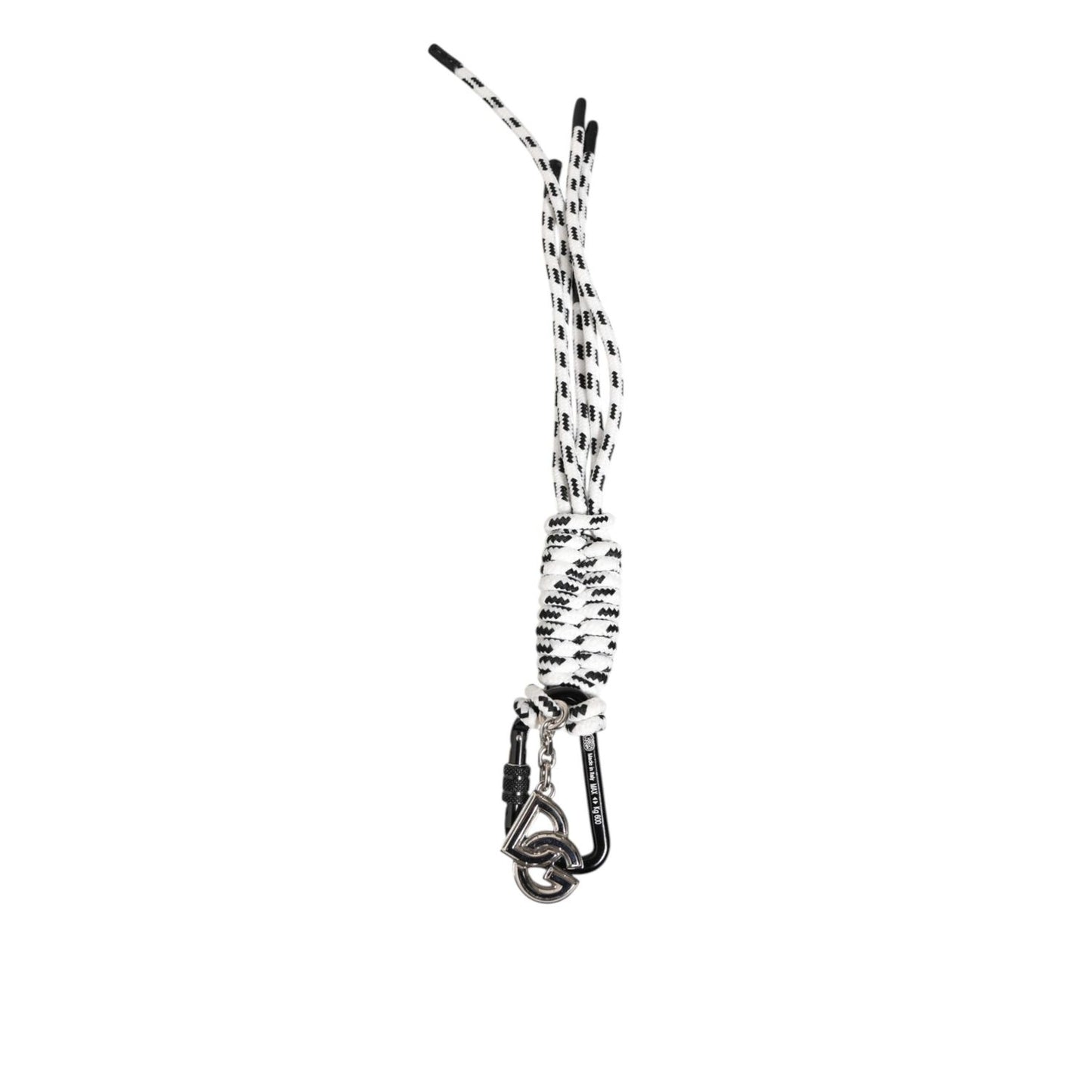 Dolce & Gabbana Black White Polyester Tape String DG Logo Keychain Keyring with metal hardware and engraved logo details.