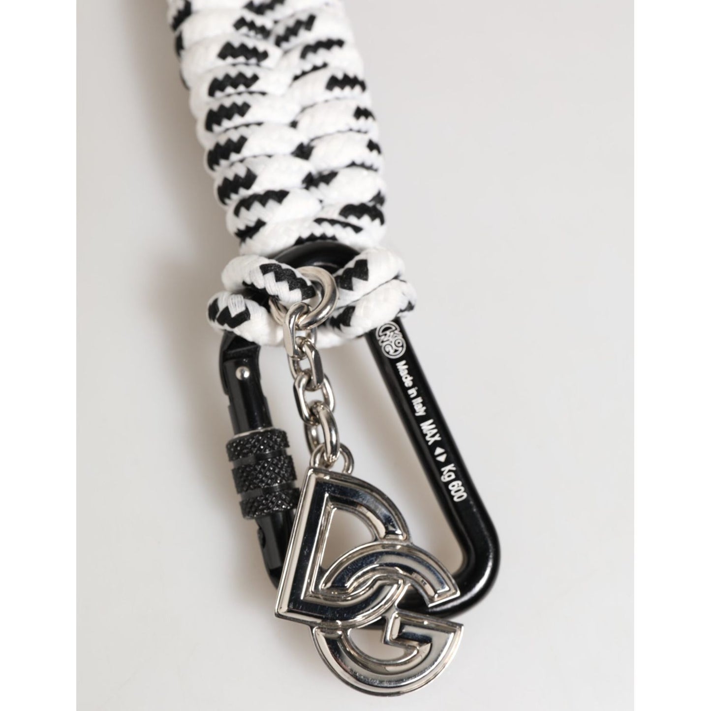 Dolce & Gabbana Black White Polyester Tape String DG Logo Keychain Keyring with metal hardware and logo details.
