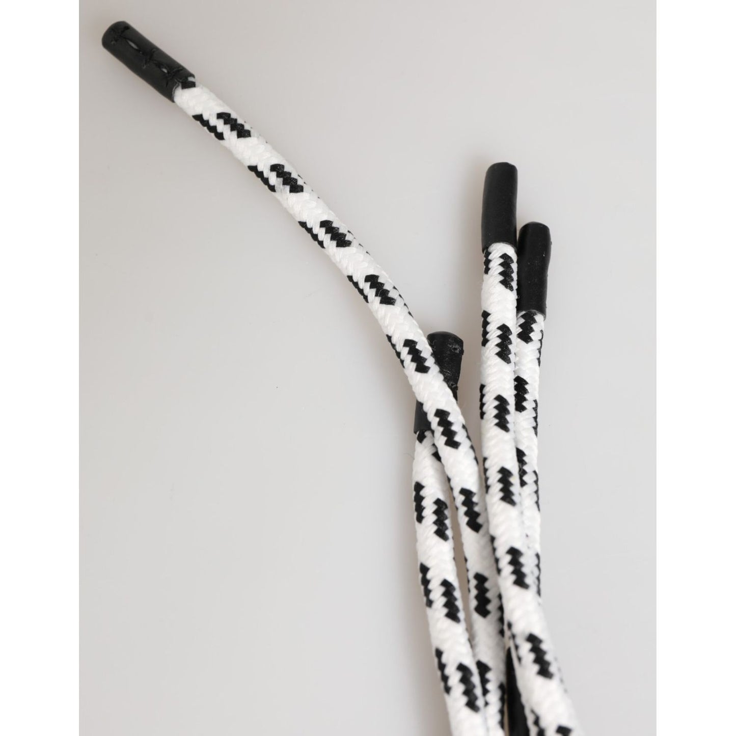 Close-up of Dolce & Gabbana Black White Polyester Tape String DG Logo Keychain Keyring with multicolor polyester detail.