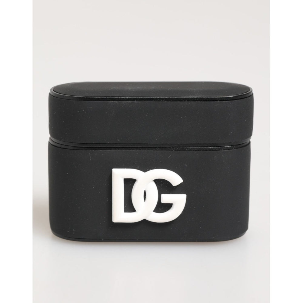 Dolce & Gabbana Black White Rubber Embossed Logo Accessory Airpods Case front view with DG logo.