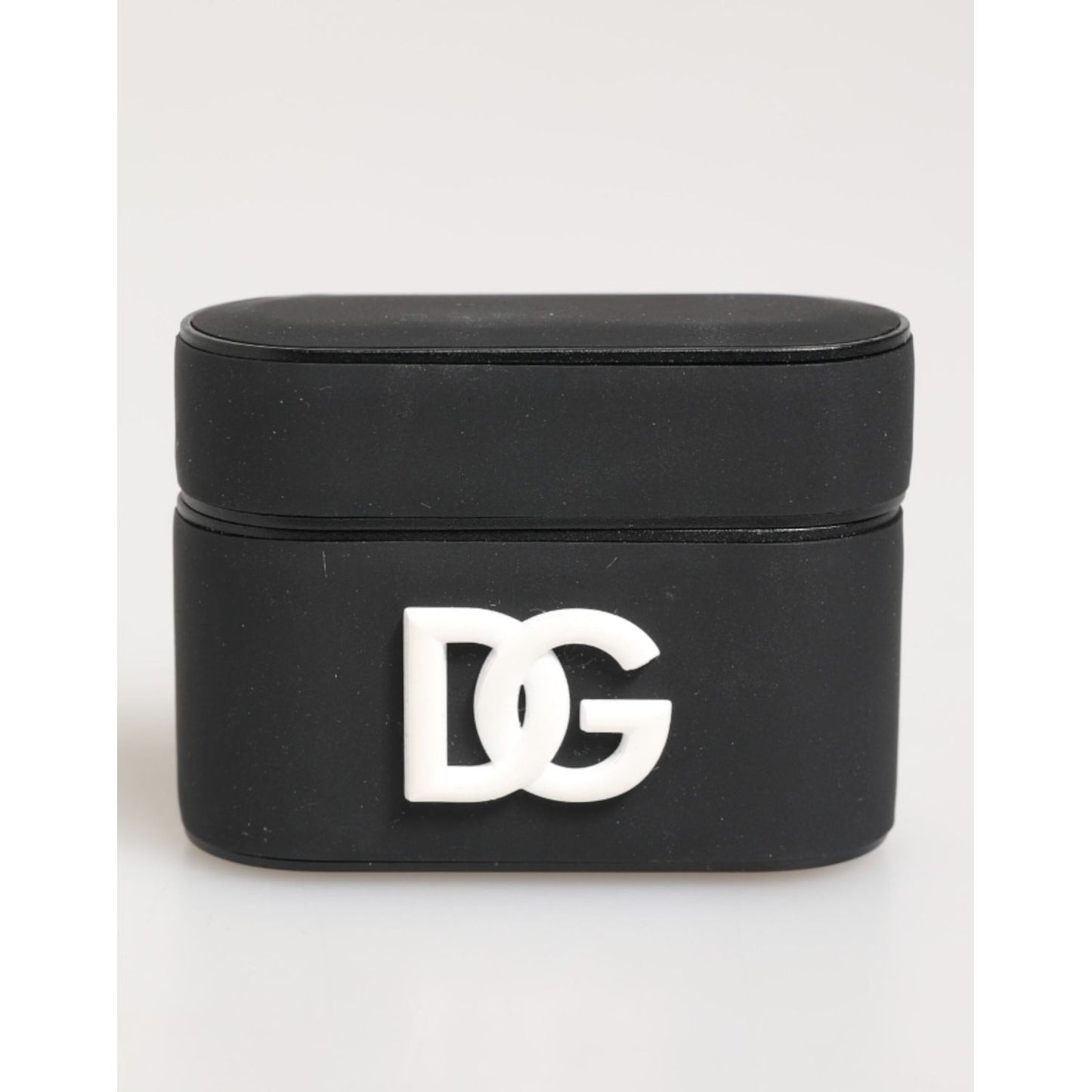Dolce & Gabbana Black White Rubber Embossed Logo Accessory Airpods Case front view with DG logo.