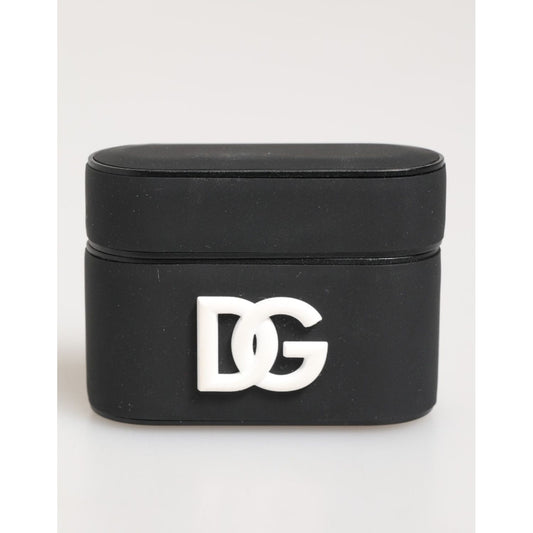 Dolce & Gabbana Black White Rubber Embossed Logo Accessory Airpods Case front view with DG logo.
