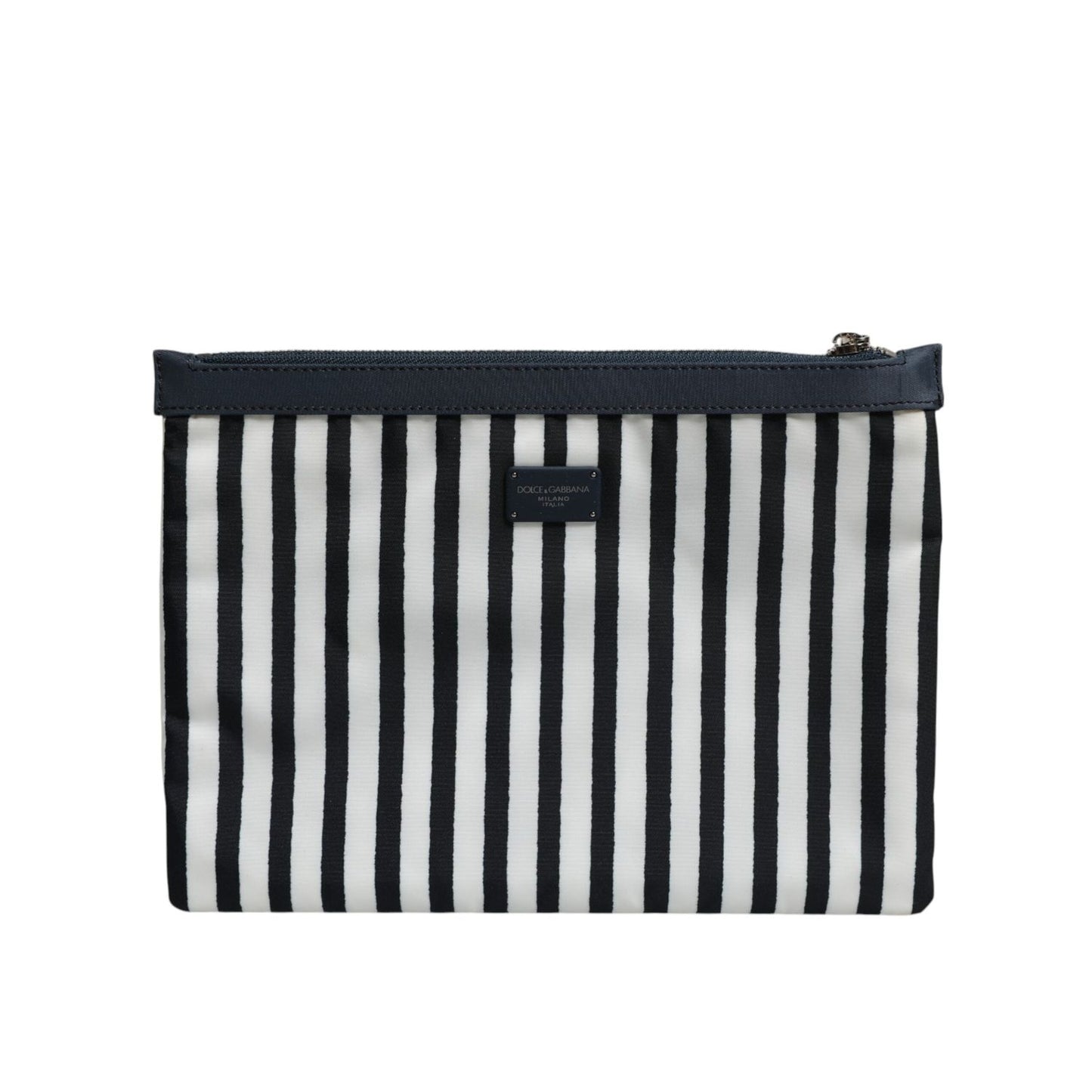 Dolce & Gabbana Black White Striped Logo Plaque Clutch Pouch Bag with zip closure and DG logo plaque, elegant and exclusive design.
