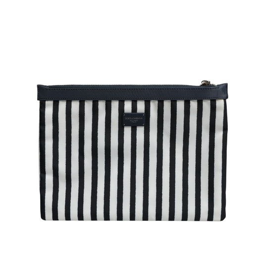 Dolce & Gabbana Black White Striped Logo Plaque Clutch Pouch Bag with zip closure and DG logo plaque, elegant and exclusive design.