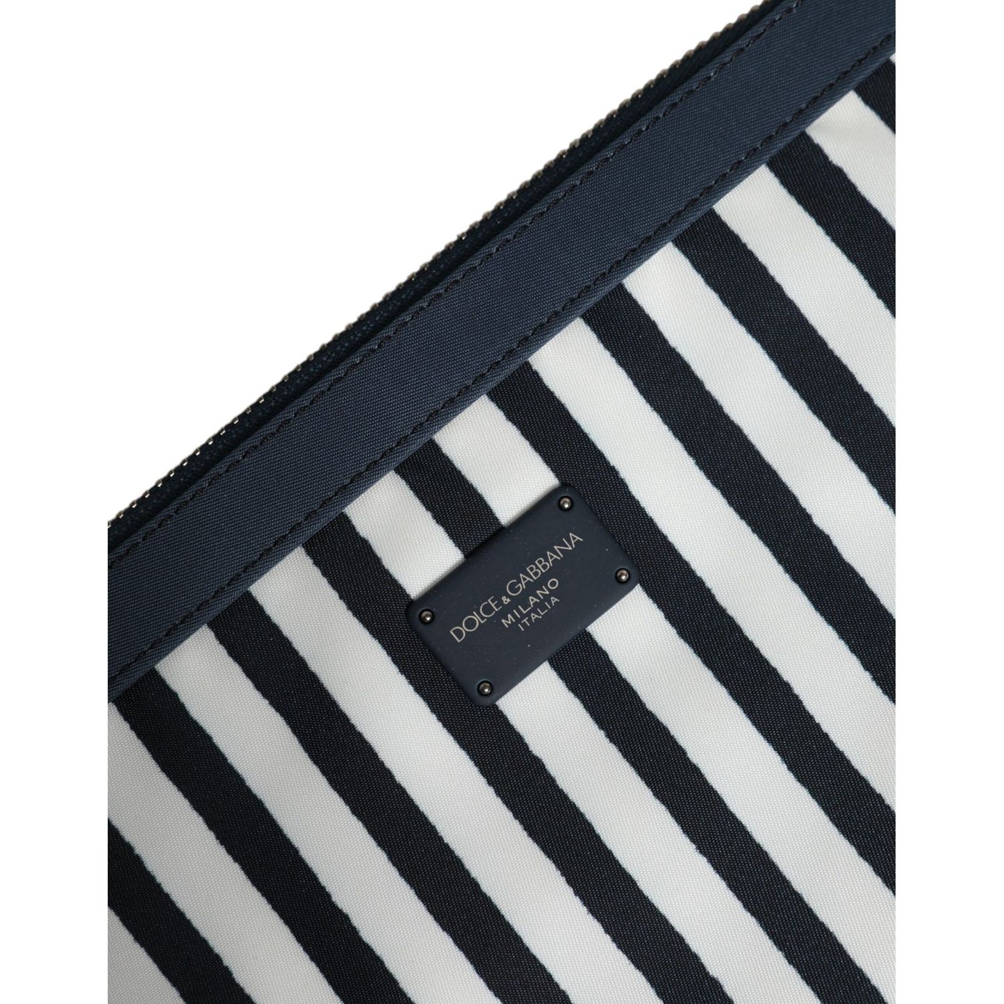 Dolce & Gabbana Black White Striped Logo Plaque Clutch Pouch Bag with DG logo plaque and zipper closure.