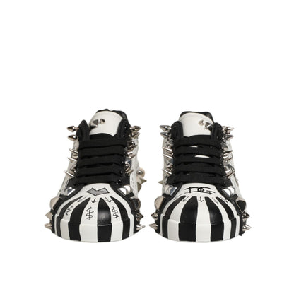 Dolce & Gabbana Black White Studded Low Top Sneakers Shoes with spikes and stripes front view
