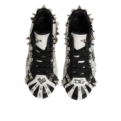 Dolce & Gabbana Black White Studded Low Top Sneakers Shoes with metallic studs, top view of designer footwear.