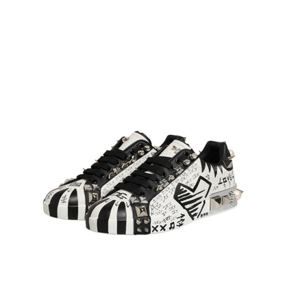 Dolce & Gabbana Black White Studded Low Top Sneakers Shoes with metallic studs and bold design.