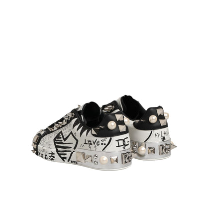 Dolce & Gabbana Black White Studded Low Top Sneakers Shoes with metallic studs and graphic art design