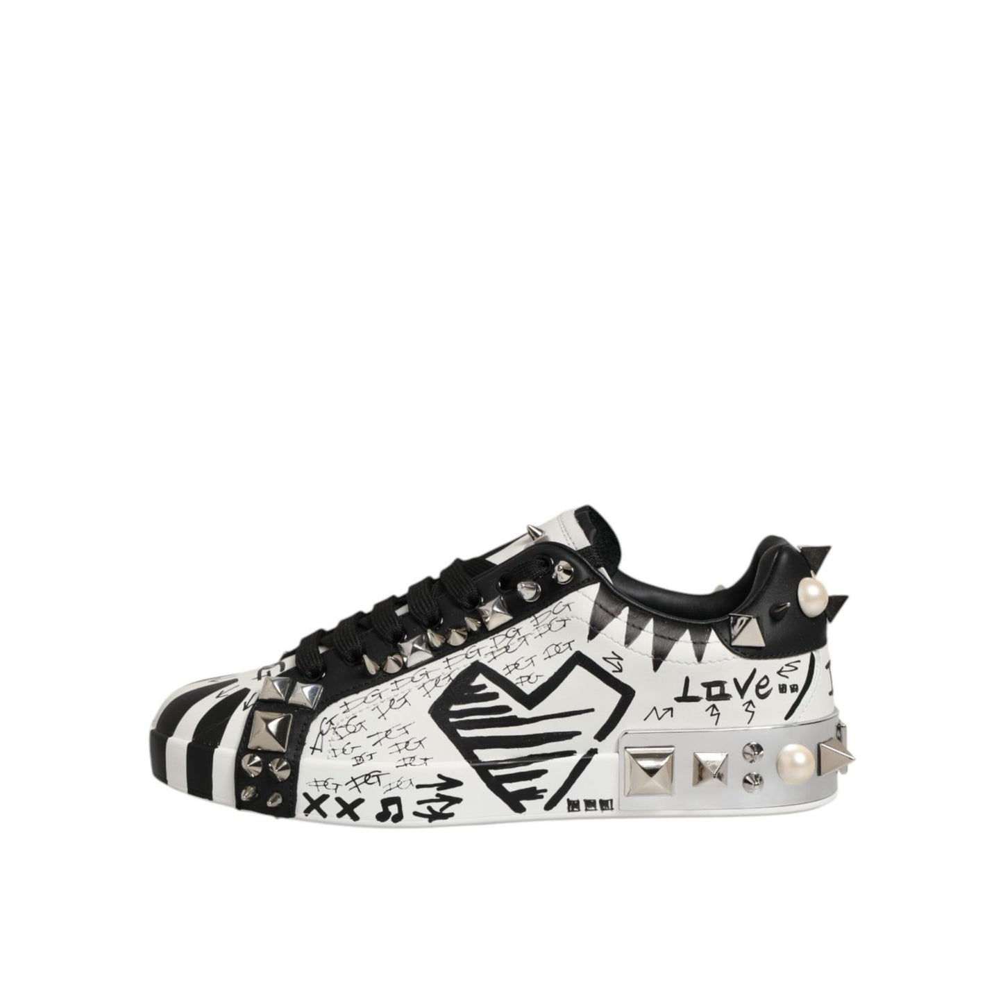 Dolce & Gabbana Black White Studded Low Top Sneakers Shoes with metallic studs and lace-up closure, featuring striking designer details.