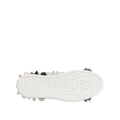 Sole view of Dolce & Gabbana Black White Studded Low Top Sneakers Shoes displaying designer logo and intricate sole detail.