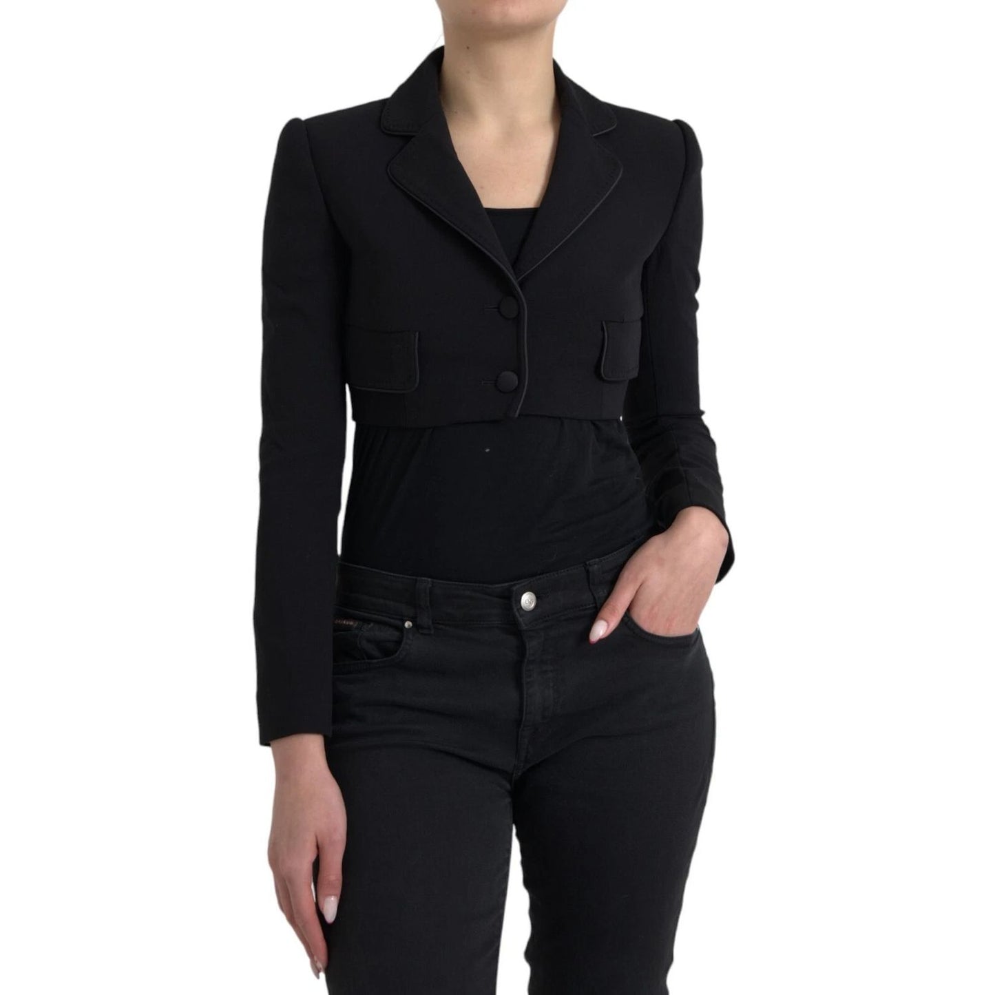 Dolce & Gabbana Black Wool Single Breasted Cropped Jacket on model, featuring notch lapels and flap pockets.