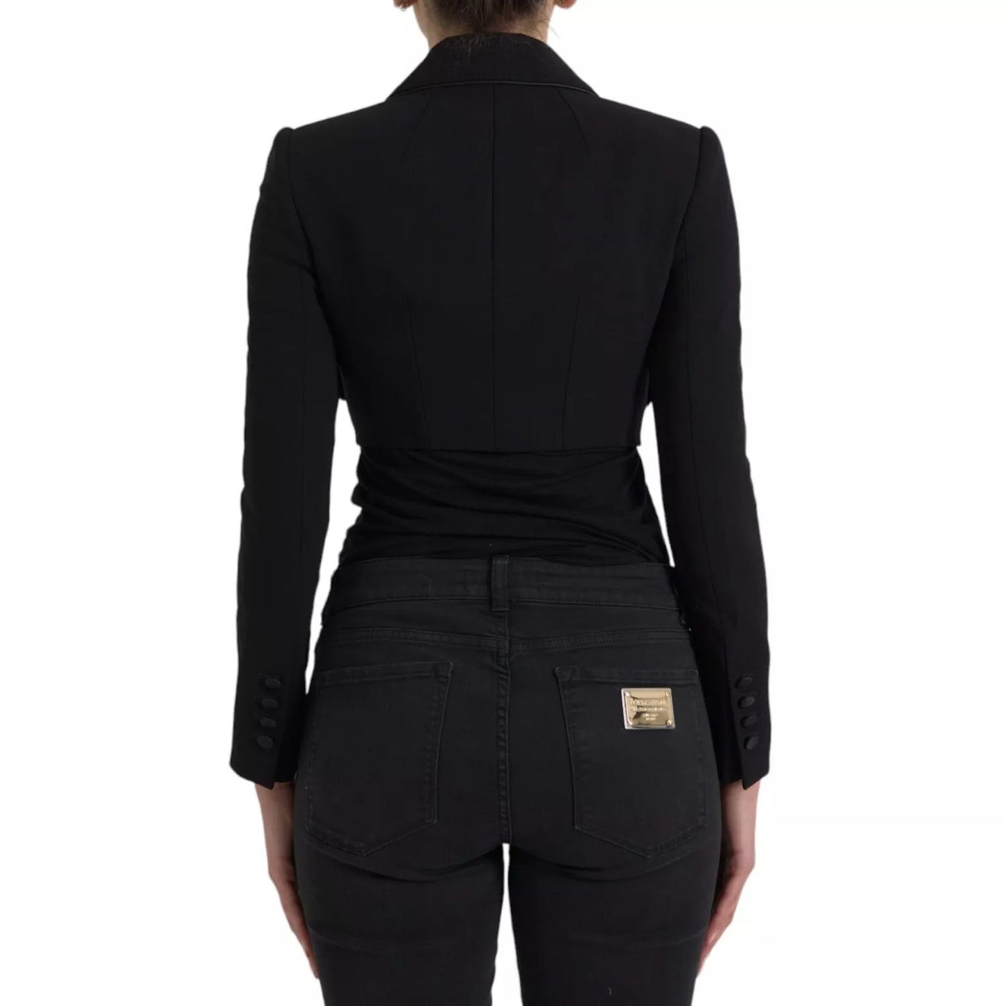 Back view of Dolce & Gabbana Black Wool Single Breasted Cropped Jacket showcasing tailored fit and elegant design.