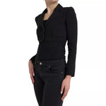 Model wearing Dolce & Gabbana Black Wool Single Breasted Cropped Jacket with notch lapels and front pockets, made in Italy.
