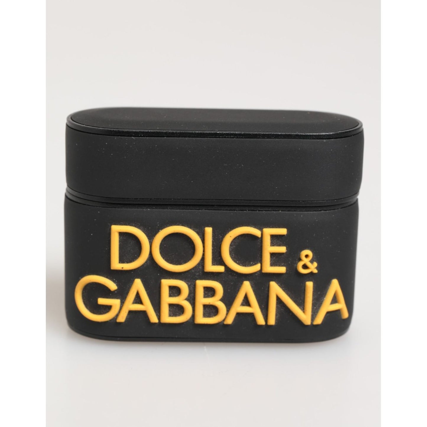 Dolce & Gabbana Black Yellow Rubber Logo Embossed Accessory Airpods Case with embossed DG branding in black and yellow rubber.