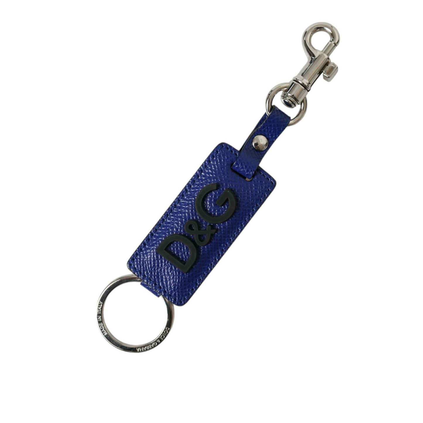 Dolce & Gabbana Blue Calf Leather DG Logo Silver Brass Keyring Keychain with engraved metal hardware in blue and silver.