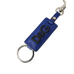 Dolce & Gabbana Blue Calf Leather DG Logo Silver Brass Keyring Keychain with engraved metal hardware.