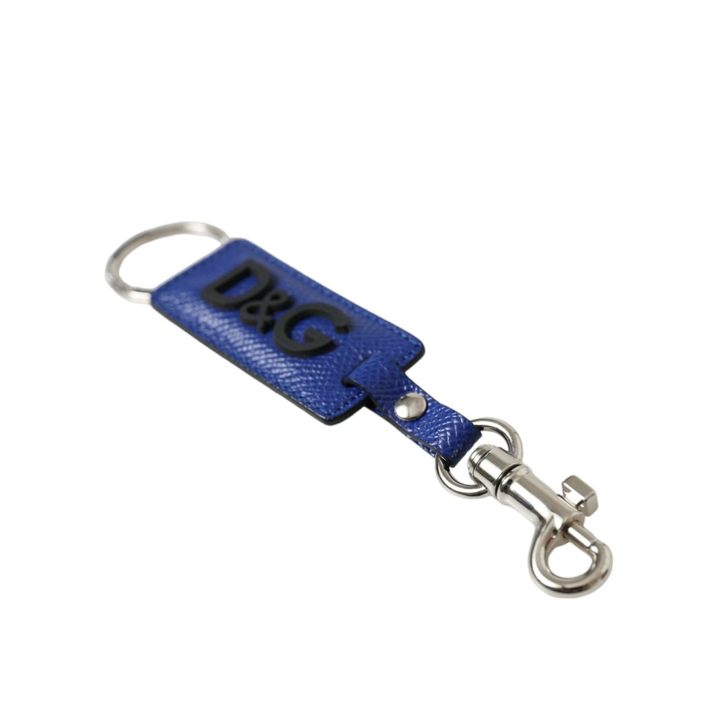 Dolce & Gabbana Blue Calf Leather DG Logo Silver Brass Keyring Keychain with black logo and metal hardware.