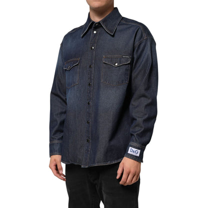 Dolce & Gabbana Blue Denim Button Casual Logo Patch Men Shirt