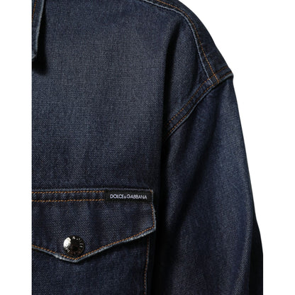 Dolce & Gabbana Blue Denim Button Casual Logo Patch Men Shirt