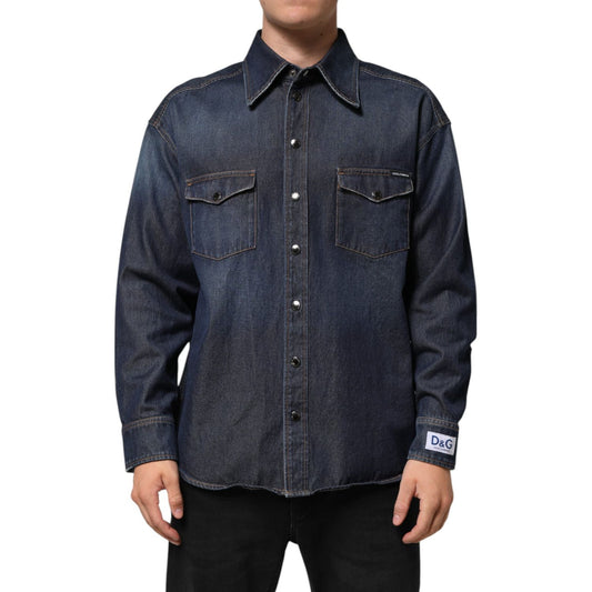 Dolce & Gabbana Blue Denim Button Casual Logo Patch Men Shirt, slim fit, 100% cotton, front view, two chest pockets, made in Italy.