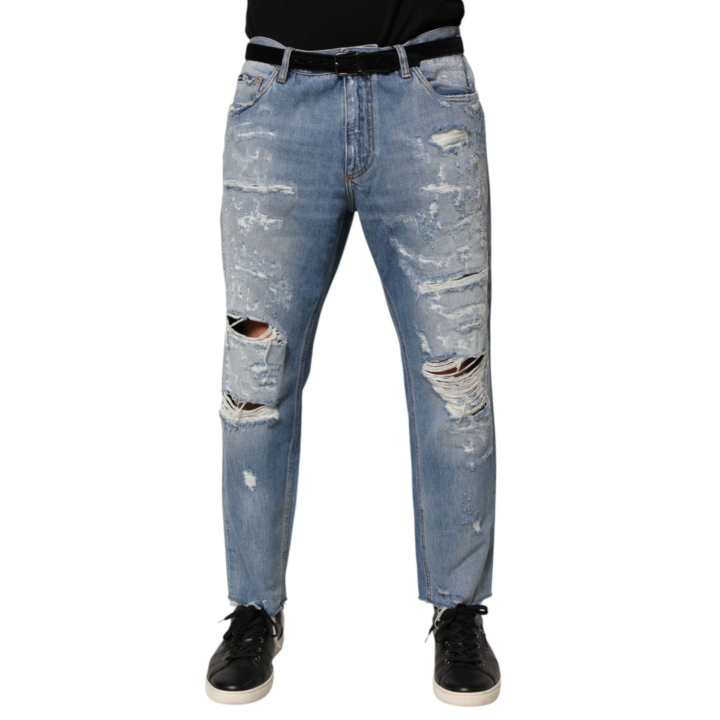 Dolce & Gabbana Blue Distressed Ripped Denim Trouser Jeans with heavy distressing and ripped details.