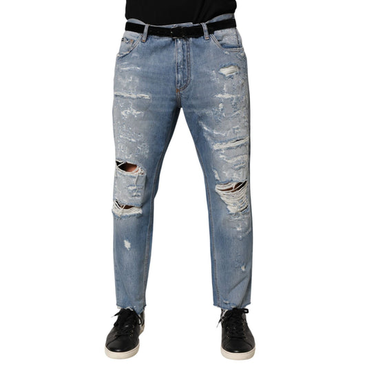 Dolce & Gabbana Blue Distressed Ripped Denim Trouser Jeans with heavy distressing and ripped details.