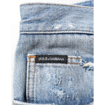 Dolce & Gabbana Blue Distressed Ripped Denim Trouser Jeans with logo plaque detail