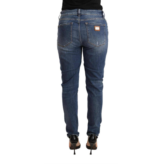 Dolce & Gabbana Blue Distressed Slim Fit Denim Pants Jeans back view with leather logo detail, made in Italy.
