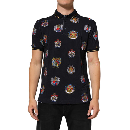Dolce & Gabbana Blue Heraldic Crest Print Polo Shirt T-shirt with colorful crest design and classic collar, model wearing dark blue.