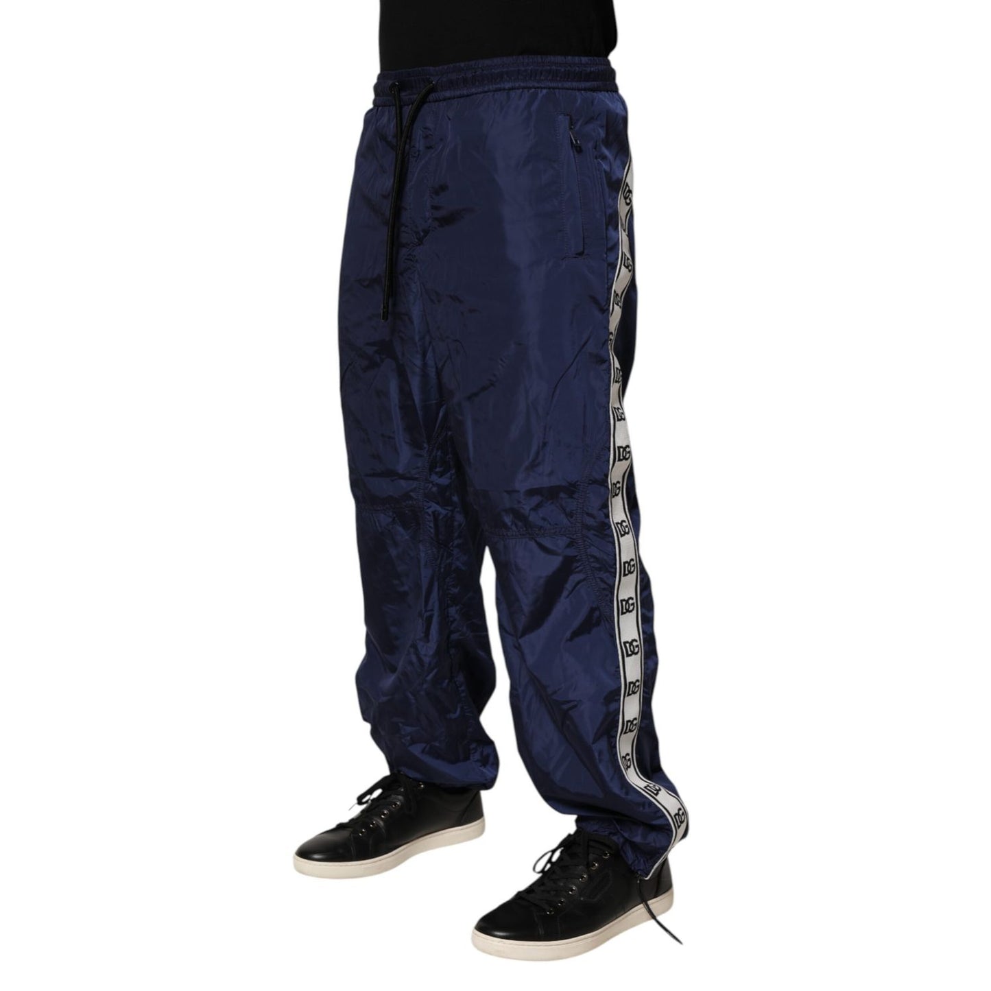 Dolce & Gabbana Blue Nylon Straight Jogger Sweatpants Pants featuring elastic waistband and side pockets, perfect for stylish streetwear.