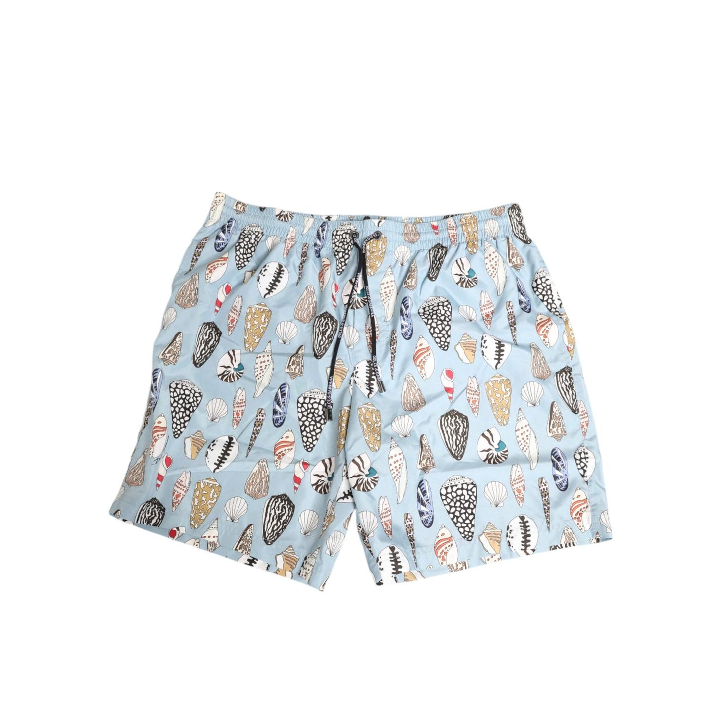 Dolce & Gabbana Blue Seashell Print Nylon Men Shorts Swimwear with elastic waistband and multicolor seashell design on a blue background