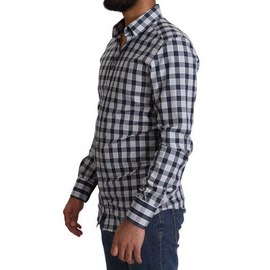 Dolce & Gabbana Blue White Check Cotton Slim Fit GOLD Shirt on model, side view.