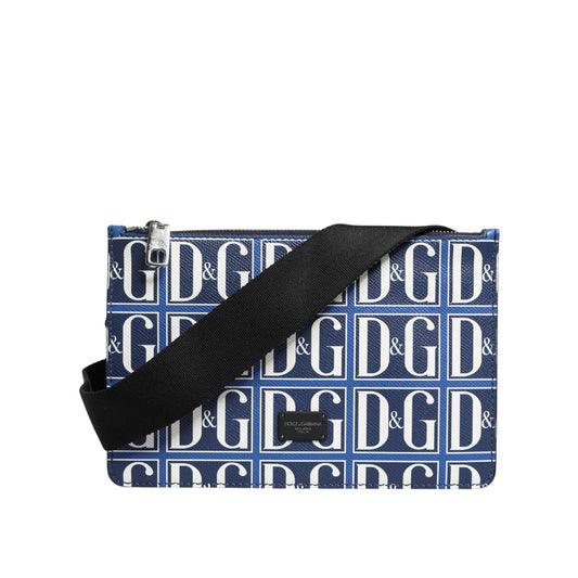 Dolce & Gabbana Blue White Leather D&G Logo Plaque Crossbody Borse Bag with zipper and logo details, made in Italy.
