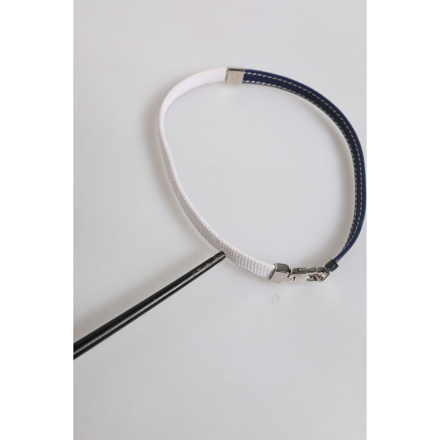 Dolce & Gabbana Blue White Leather Trimmed DG Engraved Silver Tone Clasp Bracelet