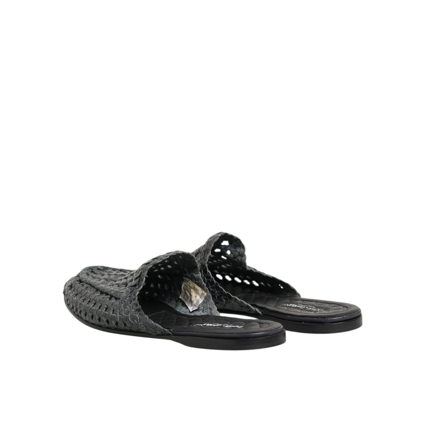 Dolce & Gabbana Blue Woven Slides MULES Men Sandals Shoes with open-toe, slip-on design, crafted from goat and leather, side view.