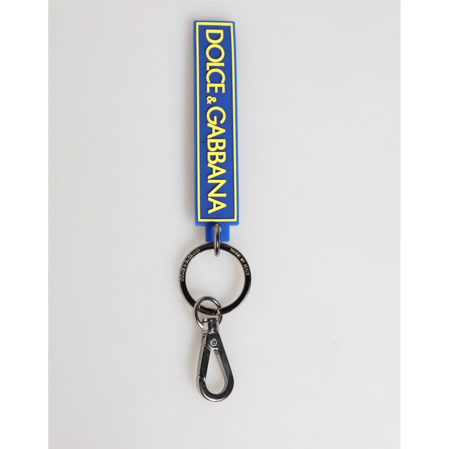 Dolce & Gabbana Blue Yellow DG Rubber Logo Silver Men's Keychain Keyring with engraved metal hardware and brass chain.