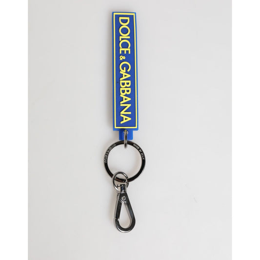 Dolce & Gabbana Blue Yellow DG Rubber Logo Silver Men's Keychain Keyring with engraved metal hardware and brass chain.