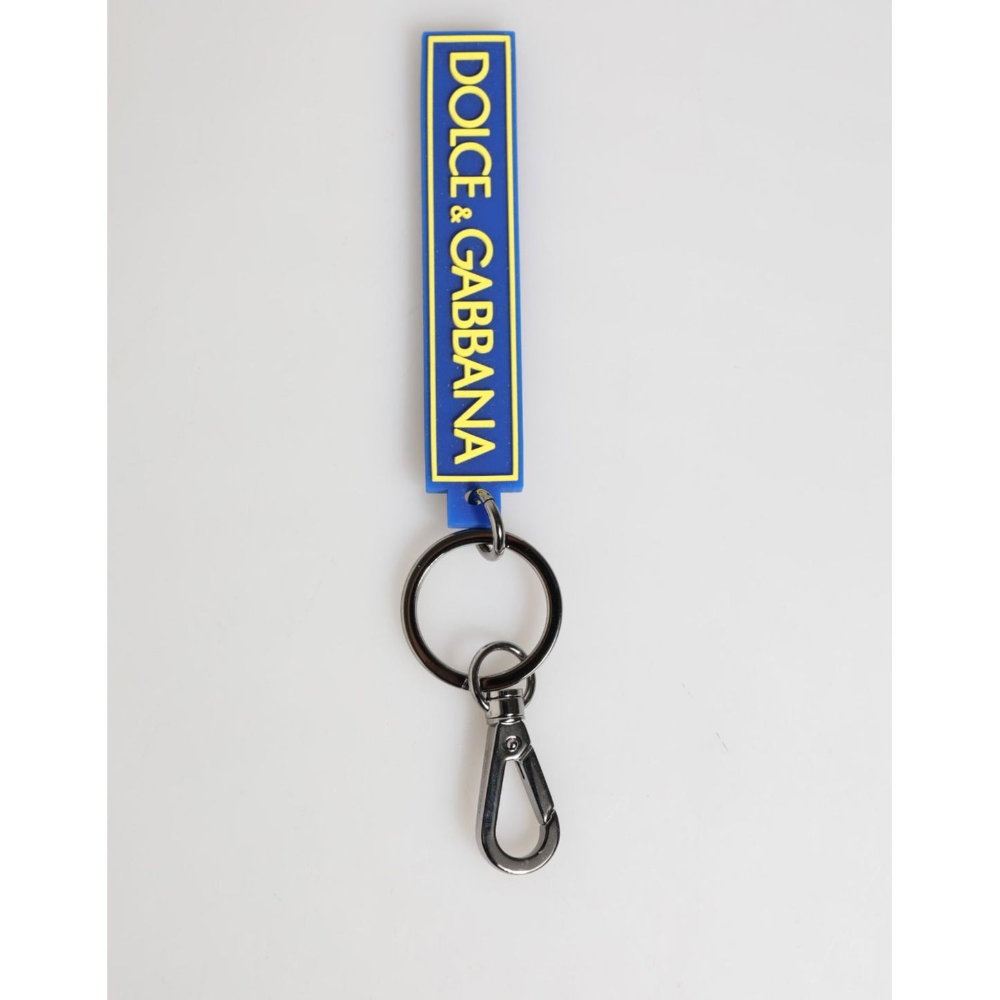Dolce & Gabbana Blue Yellow DG Rubber Logo Silver Men's Keychain Keyring featuring engraved metal hardware and silver ring.