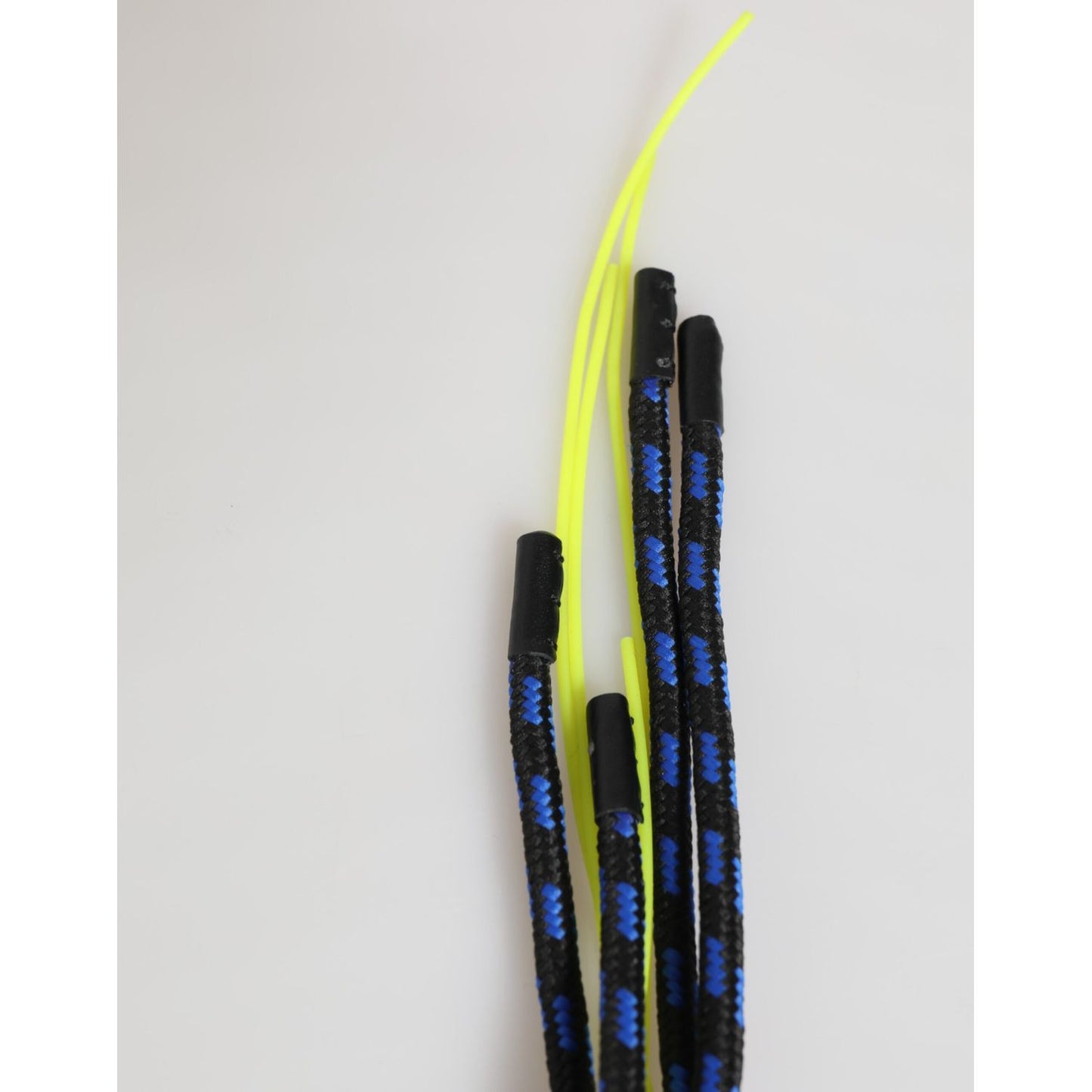 Multicolor strings of Dolce & Gabbana Blue Yellow Leather Tape String DG Logo Keychain Keyring showcasing rope detail.
