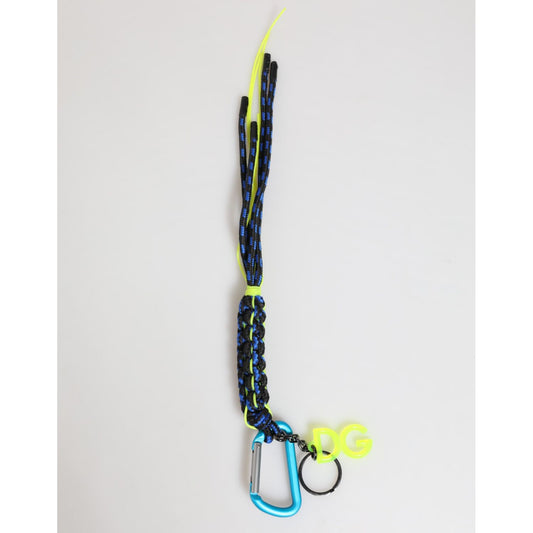 Dolce & Gabbana Blue Yellow Leather Tape String DG Logo Keychain Keyring with multicolor polyester tape and iconic DG logo hardware.